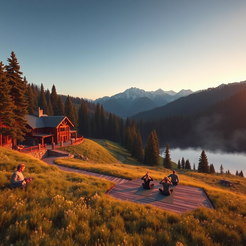 A breathtaking, photorealistic, ultra-high resolution (8K) landscape depicting Grizzly Ridge Retreat nestled in the Montana mountains. The scene should capture the serene beauty of the area during the golden hour, with soft, warm light illuminating the lodge and surrounding pine forests. A winding path leads to the main lodge, constructed of natural stone and timber, blending seamlessly with the environment. In the foreground, a small group practices yoga on a wooden deck overlooking a pristine mountain lake. The overall mood is one of tranquility, wellness, and connection with nature. Consider a wide-angle shot to emphasize the grandeur of the landscape. Include subtle details like wildflowers in the meadow, mist rising from the lake, and the faint silhouette of a grizzly bear in the distance, symbolizing the retreat's name and location. Style: Hyperrealistic, detailed, and inviting. Camera angle: slightly elevated for panoramic view.