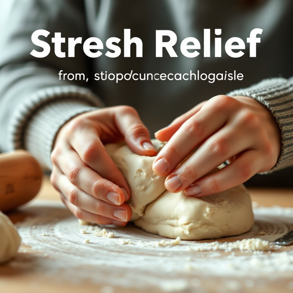 A close-up shot of a person's hands gently kneading dough, symbolizing stress relief and the therapeutic benefits of engaging in simple, mindful activities. Soft, warm lighting creates a comforting and relaxing atmosphere.