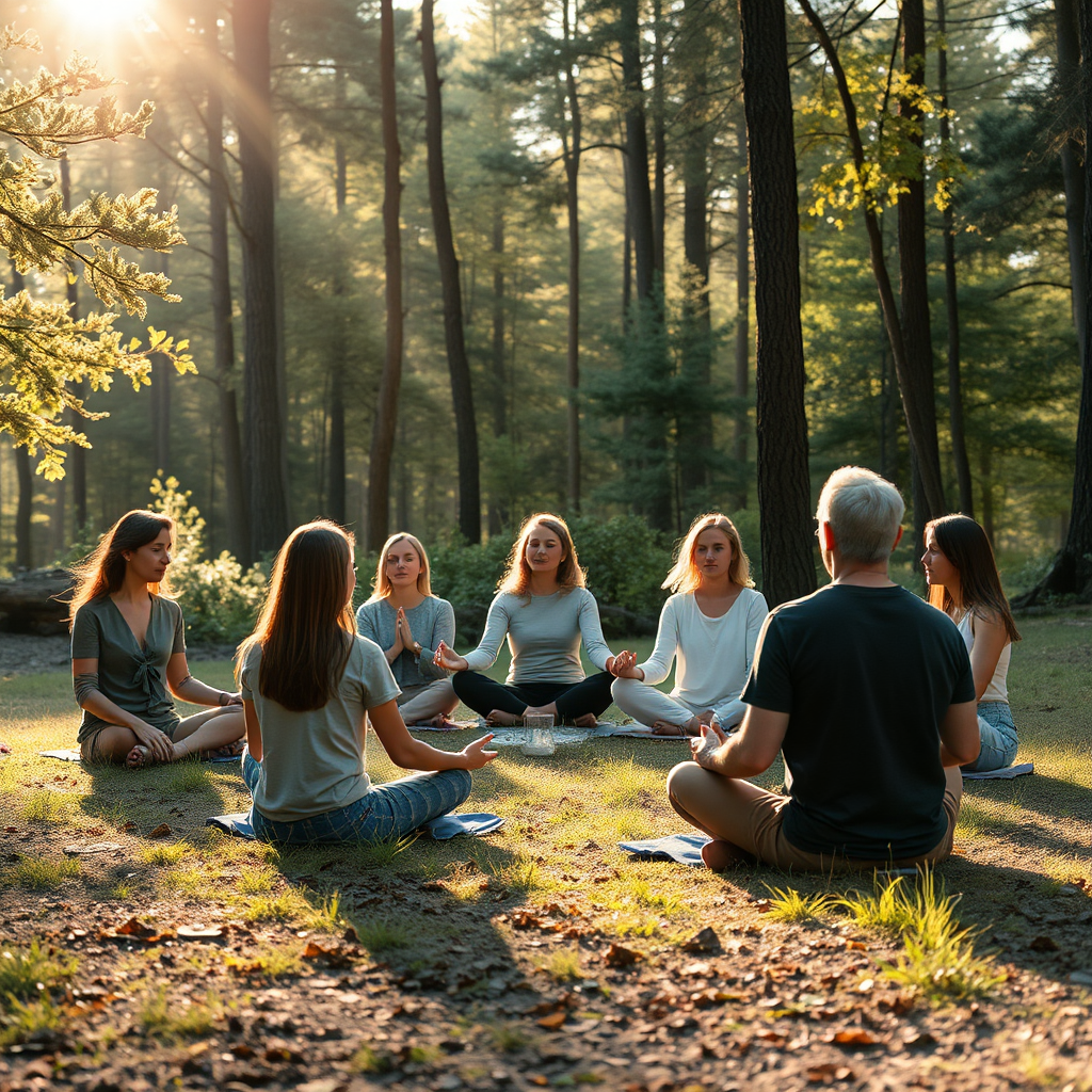 A group of people meditating outdoors in a peaceful forest clearing, bathed in soft, golden light. The scene should evoke feelings of tranquility, reflection, and spiritual connection. Focus on the peaceful expressions and serene atmosphere.