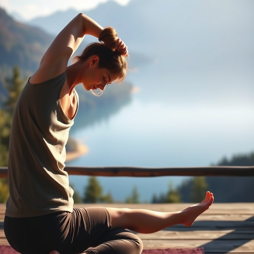 A serene image of a person practicing yoga on a wooden deck overlooking a tranquil mountain lake. Soft, natural light illuminates the scene, creating a peaceful and calming atmosphere. Focus on the graceful movements and serene expression of the person in the yoga pose.